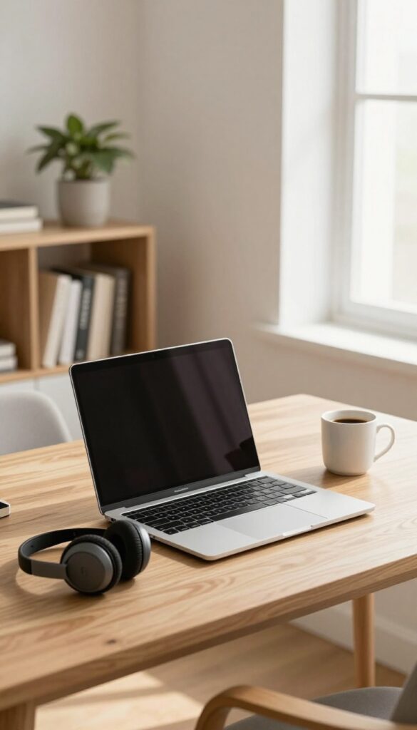 Laptop and headset on a desk in a bright home office with natural light and a plant