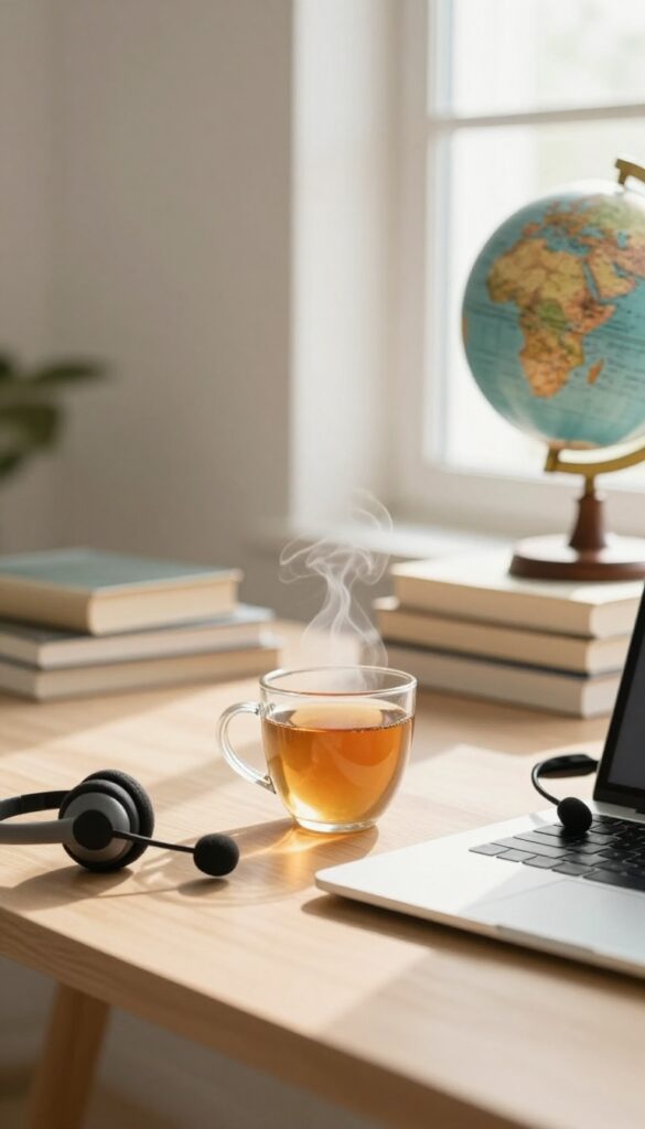 Cozy home office setup with laptop, headset, and tea, perfect for online ESL teaching.