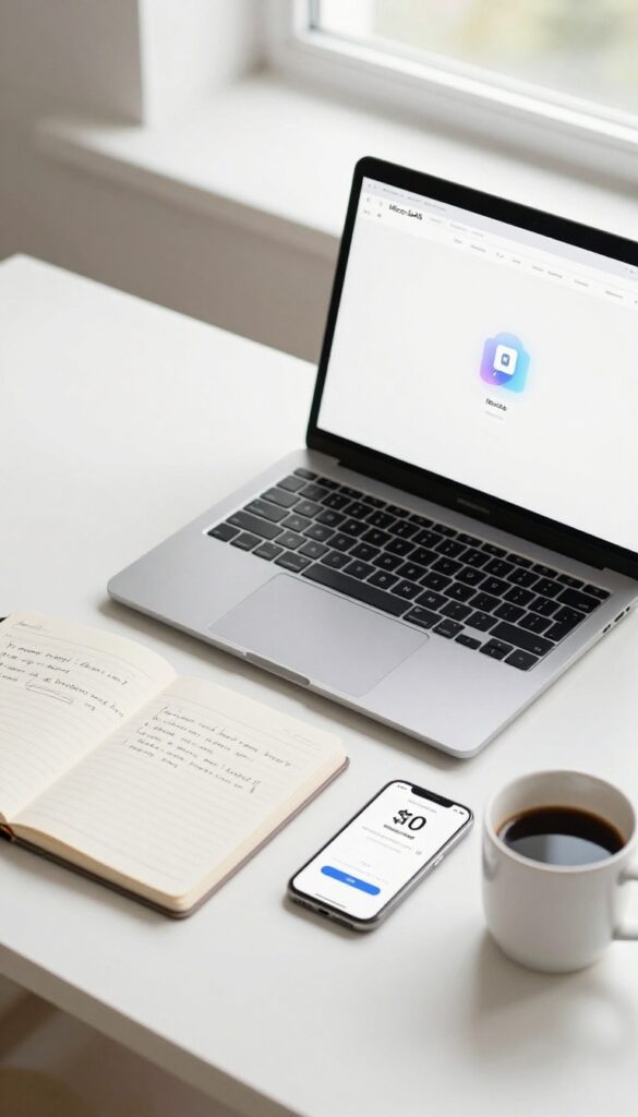 Overhead view of a minimalist desk with a laptop displaying a micro-SaaS dashboard, notebook, smartphone, and coffee cup in bright natural light.