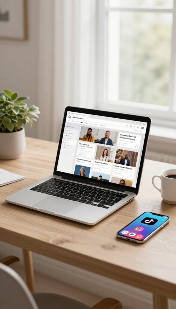 Laptop and smartphone on a desk with social media management tools visible on screen, bright natural light, clean composition.