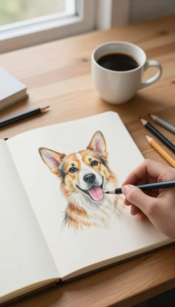 Custom illustration workspace with sketchbook and art supplies