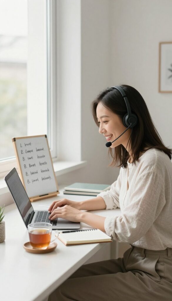 Woman teaching English online from a bright home office with headset and laptop