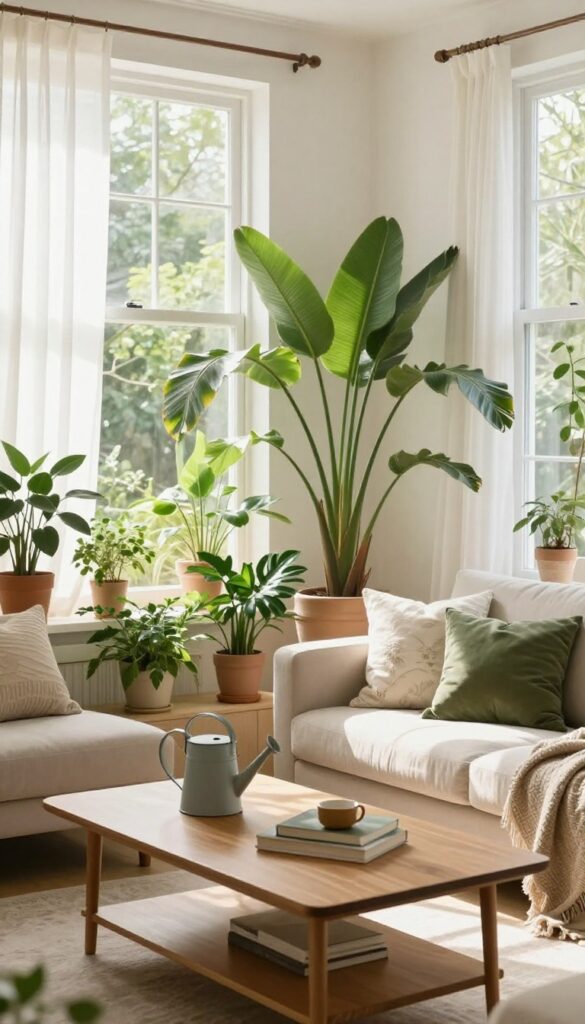 Cozy living room with houseplants and watering can, representing house sitting and plant care side hustle.