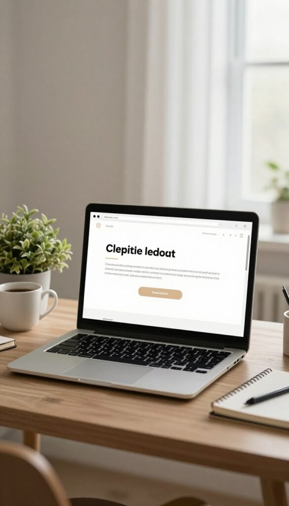 Minimalist desk setup with laptop displaying a simple landing page, coffee cup, plant, and notebook in natural light.