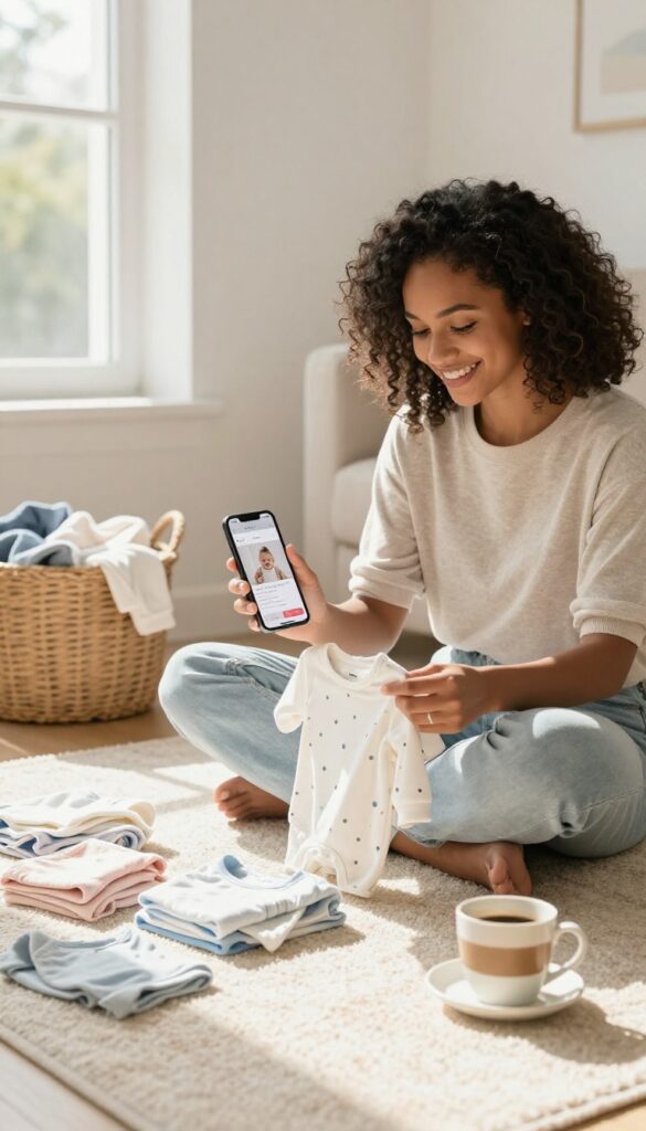Mom sorting baby clothes for reselling on her phone in a bright living room