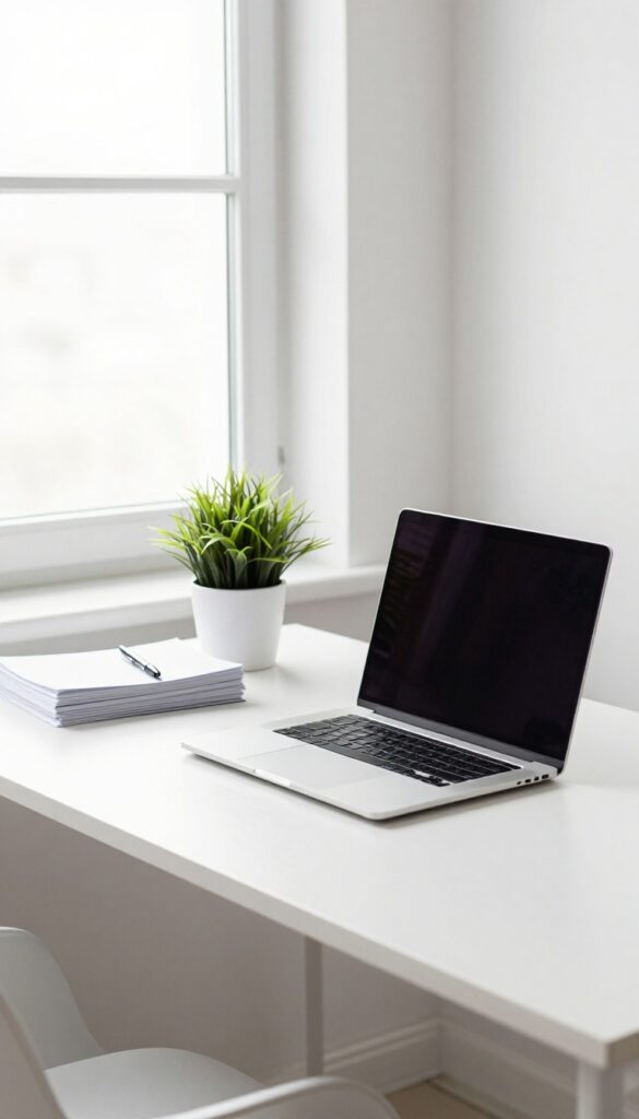 A minimalist desk setup with a laptop, plant, and papers, representing legal and policy setup for a small business.