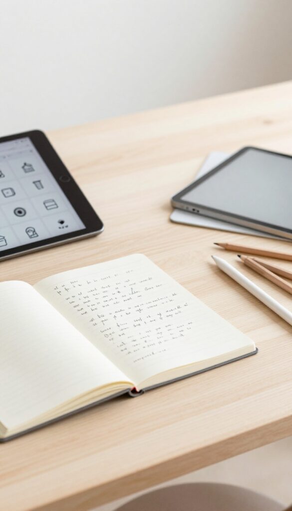 Flat lay of a wooden desk with a sketchbook, stylus, tablet showing icon grid, and colored pencils for font and icon design.