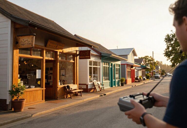 Small town main street with a person ready for a side hustle