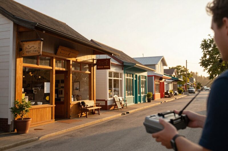 Small town main street with a person ready for a side hustle