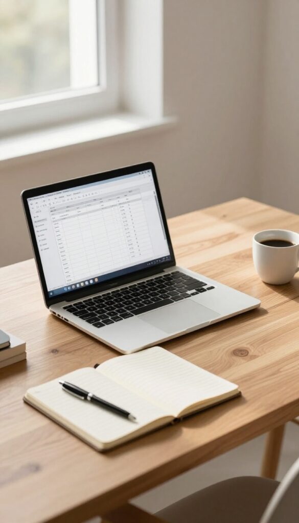 Laptop on desk with spreadsheet and notebook for data entry side hustle