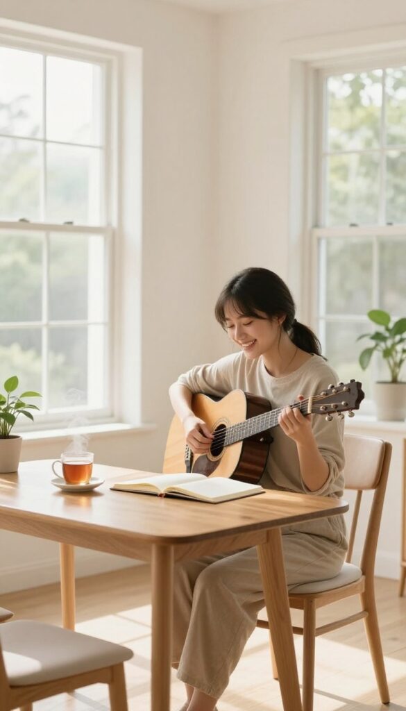 Woman teaching guitar lesson in bright, cozy room with natural light