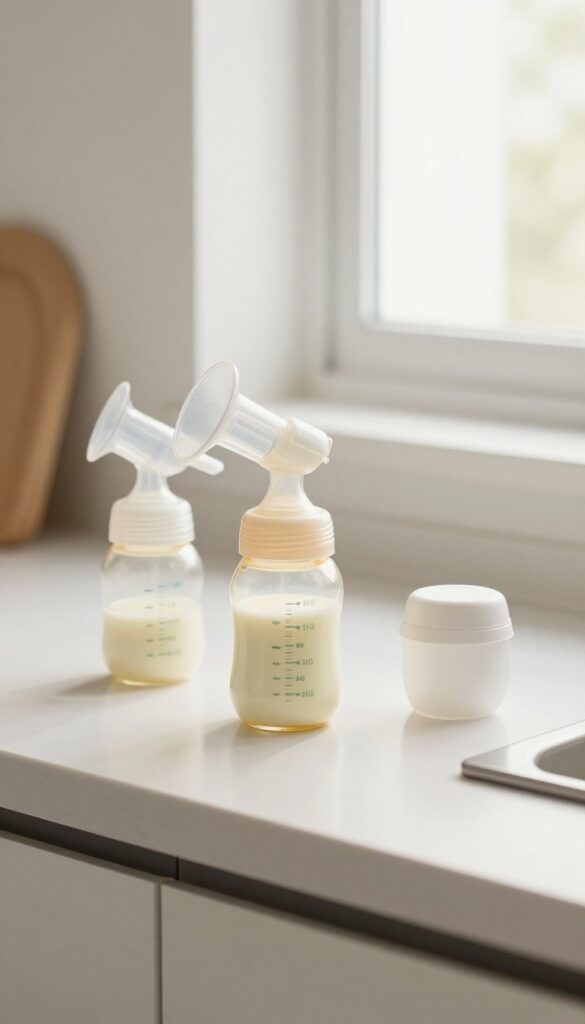 Breast milk in a glass bottle next to a breast pump on a kitchen counter