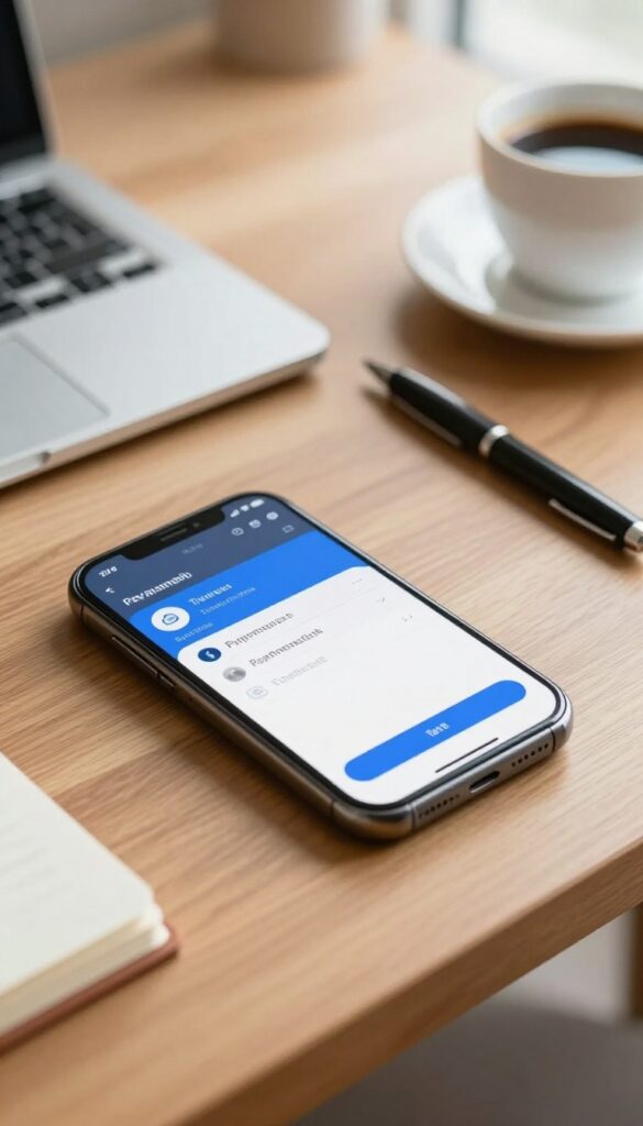 A clean desk setup with a credit card reader and a smartphone showing a payment confirmation, representing a simple payment system for small businesses.