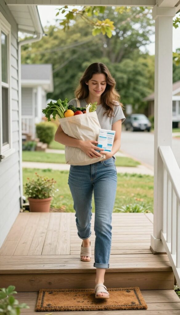 A young woman carrying groceries and a pharmacy bag up the porch steps of a small-town house, representing a personal shopping and errand service.