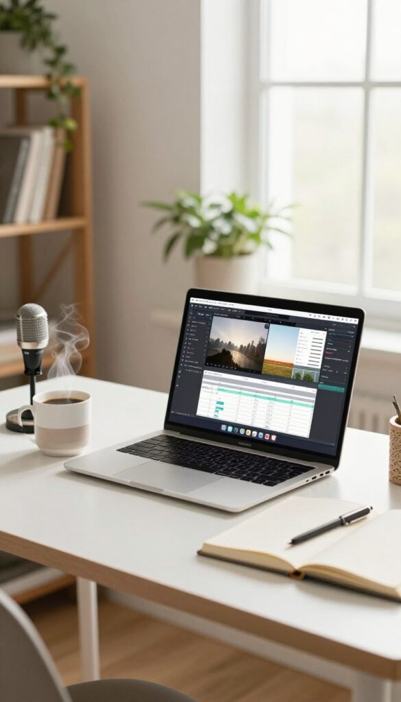 Cozy home office with laptop, microphone, and coffee mug for online course creation