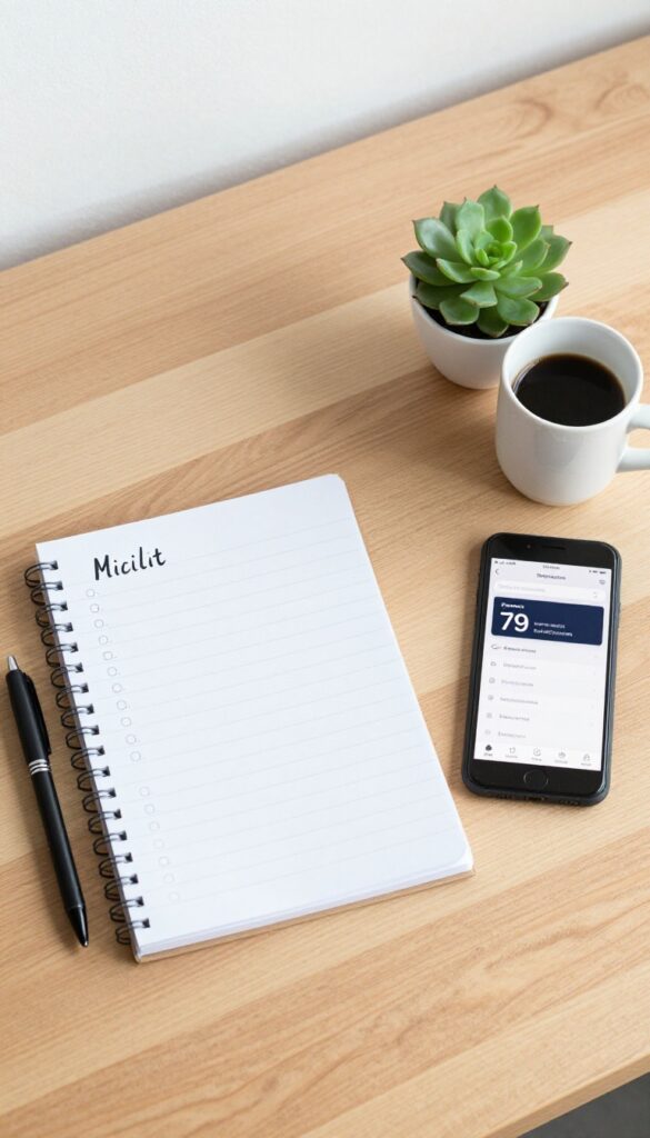Flat lay of a notebook with a checklist, pen, smartphone, succulent, and coffee cup on a wooden desk.