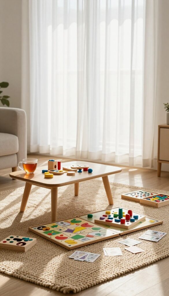 Educational toys and board game on a coffee table in a bright living room