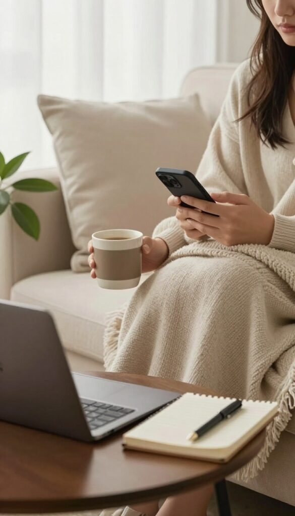 Person taking online surveys on a laptop and smartphone in a cozy living room with coffee and natural light.