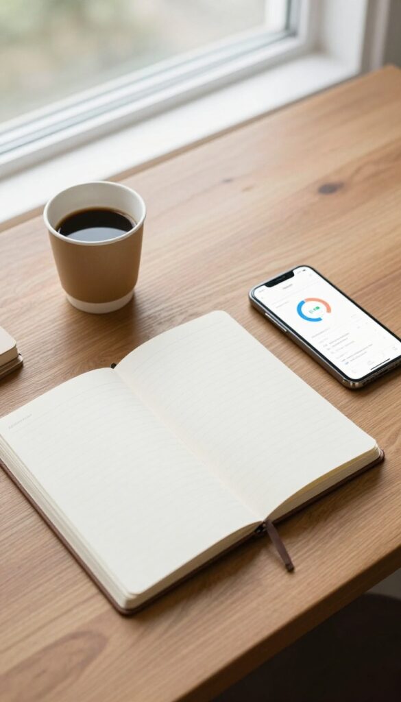A minimalist desk setup with a notebook, pen, coffee, and smartphone showing analytics, representing a focused marketing channel.