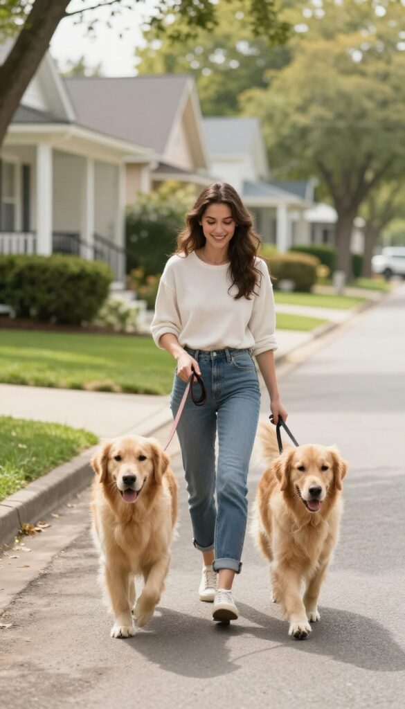 Woman walking a golden retriever on a sunny small-town street