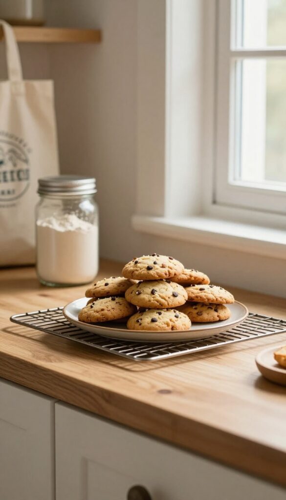 Freshly baked artisan bread and cookies on a rustic kitchen counter, warm natural lighting, cozy home baking scene for a farmers market side hustle.
