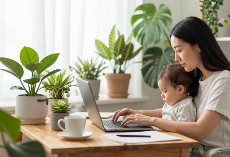 New mom working on laptop while holding baby at home