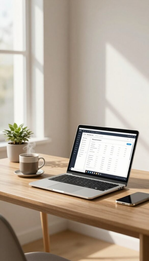 Cozy home office setup with laptop displaying membership site dashboard, coffee mug, and plant, soft natural light.