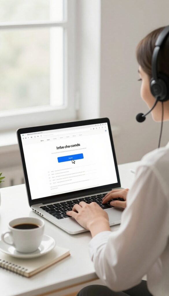 Person testing a website on a laptop with a microphone headset in a bright home office