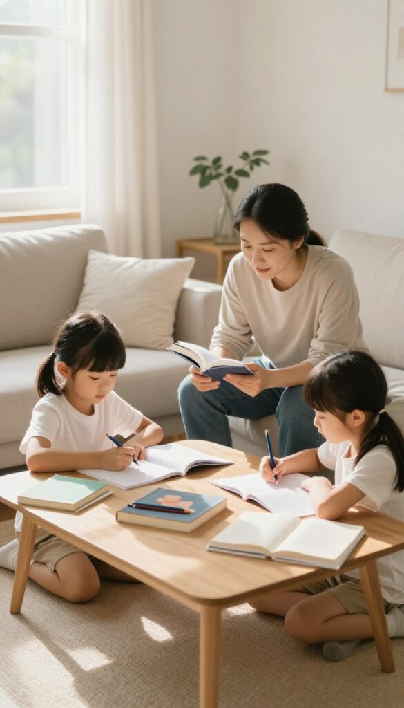 Teacher helping children with homework in a cozy living room after school