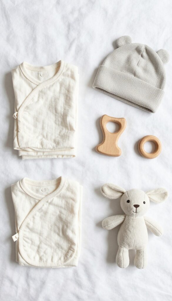 Flat lay of handmade baby products including burp cloths, hat, teething toy, and plush on white blanket
