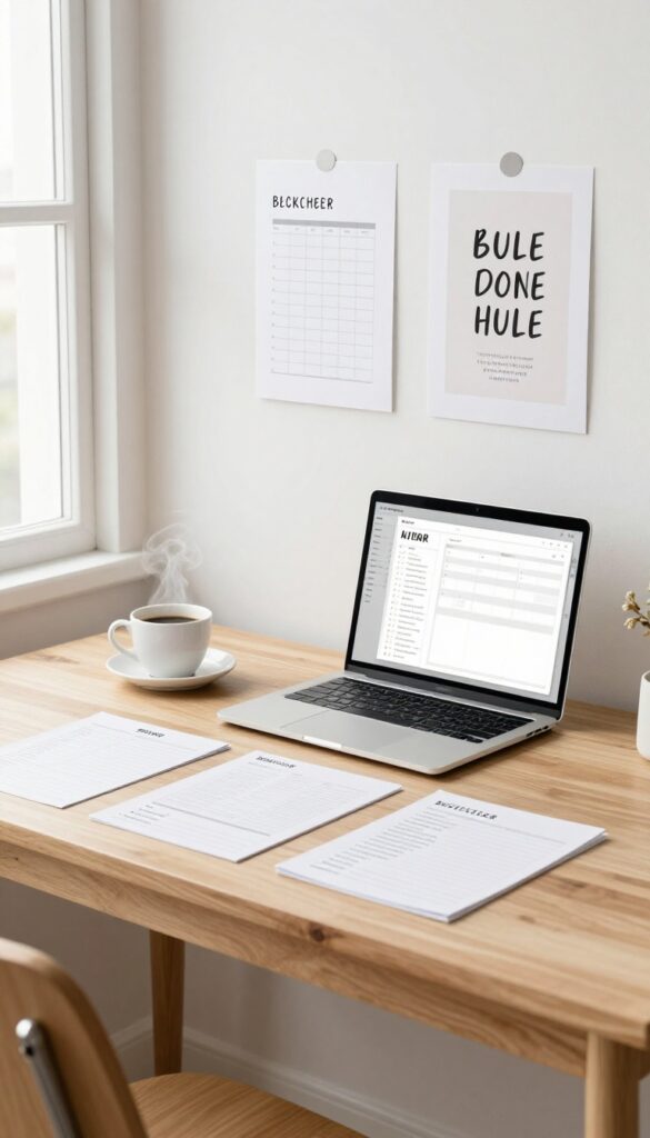 Flat lay of digital printables on a desk with laptop and coffee