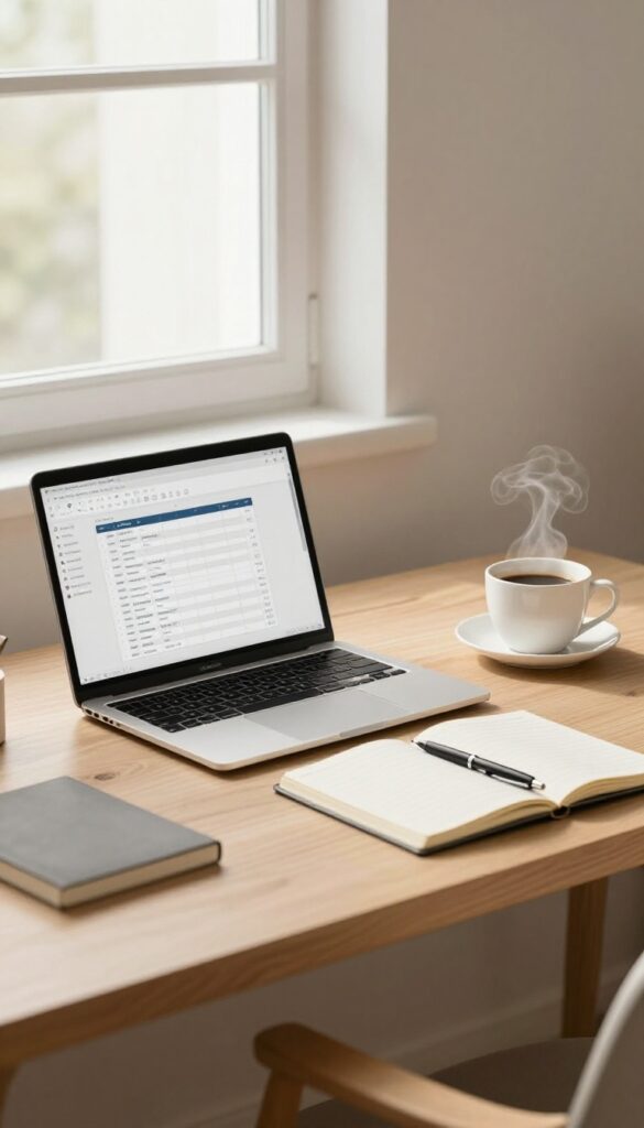 Cozy home office setup with laptop and bookkeeping software, coffee, and notebook, natural light, small town freelance bookkeeping