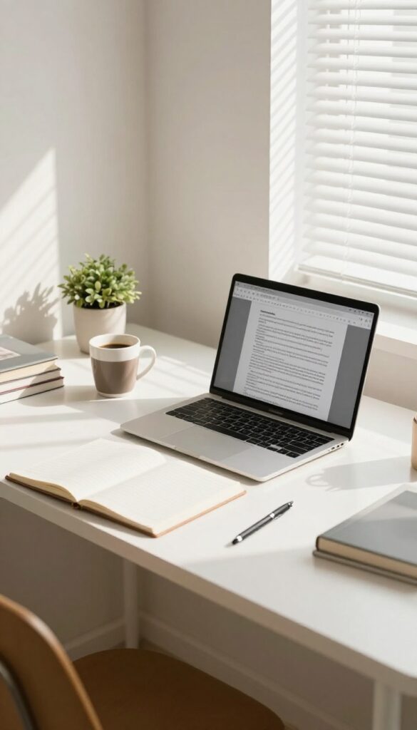 A tidy desk with a laptop, coffee, notepad, and plant in natural light, representing proofreading and editing work.