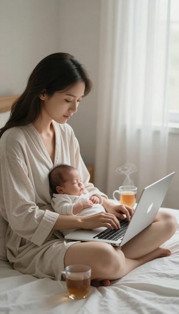 New mom working on a laptop in bed at night while baby sleeps beside her
