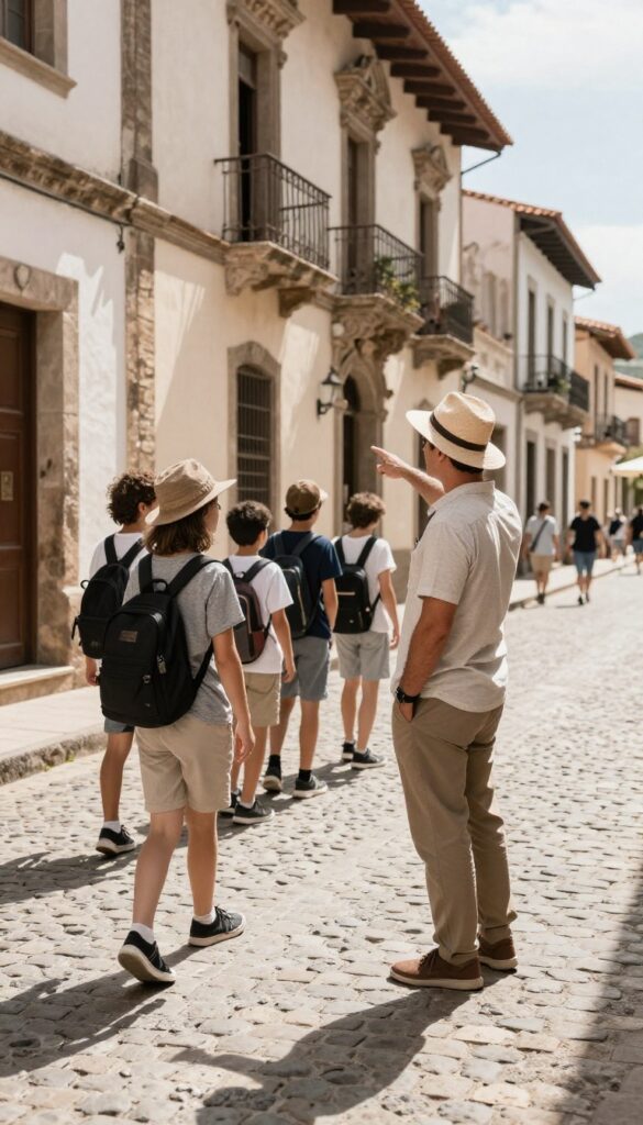 A local tour guide leading a walking history tour in a small historic town