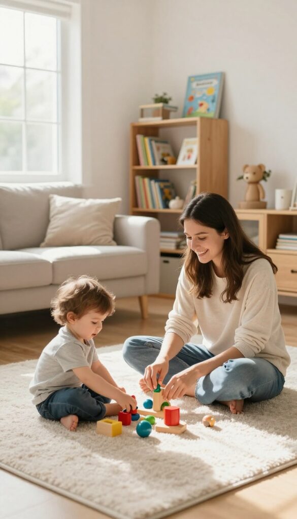A woman babysitting a toddler in a bright, cozy living room with toys and books.