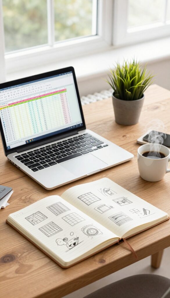 Laptop displaying a colorful spreadsheet on a wooden desk with notebook, coffee, and plant.