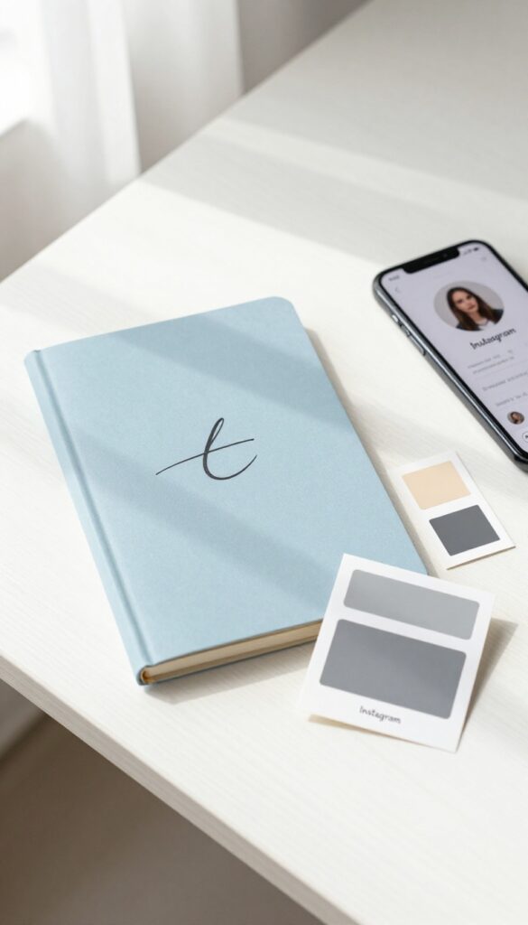 Flat lay of brand basics on a white desk: notebook with logo, color swatches, font card, and smartphone with social media profile.