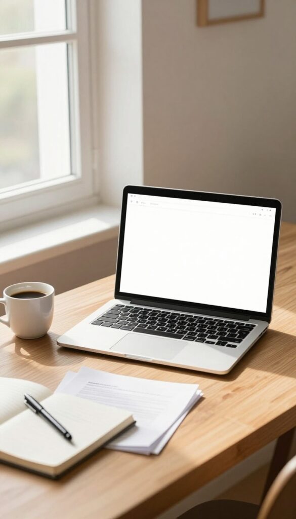 Cozy home office with laptop, printed pages, coffee, and notebook for writing an ebook