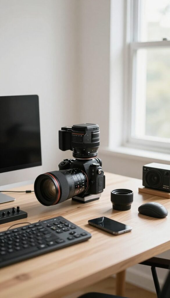 A clean desk with a camera, lighting kit, and audio interface in natural light