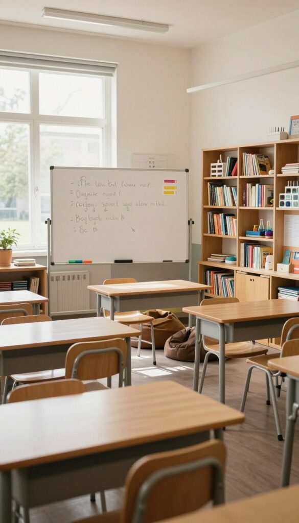 Bright classroom with desks, whiteboard, bookshelves, and reading nook, ready for evening workshops or rentals.