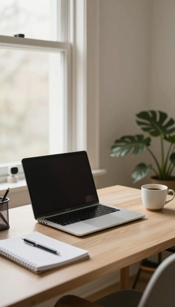 Cozy home office setup with laptop, webcam, notebook, and coffee, warm natural light, inviting and productive atmosphere for online tutoring.