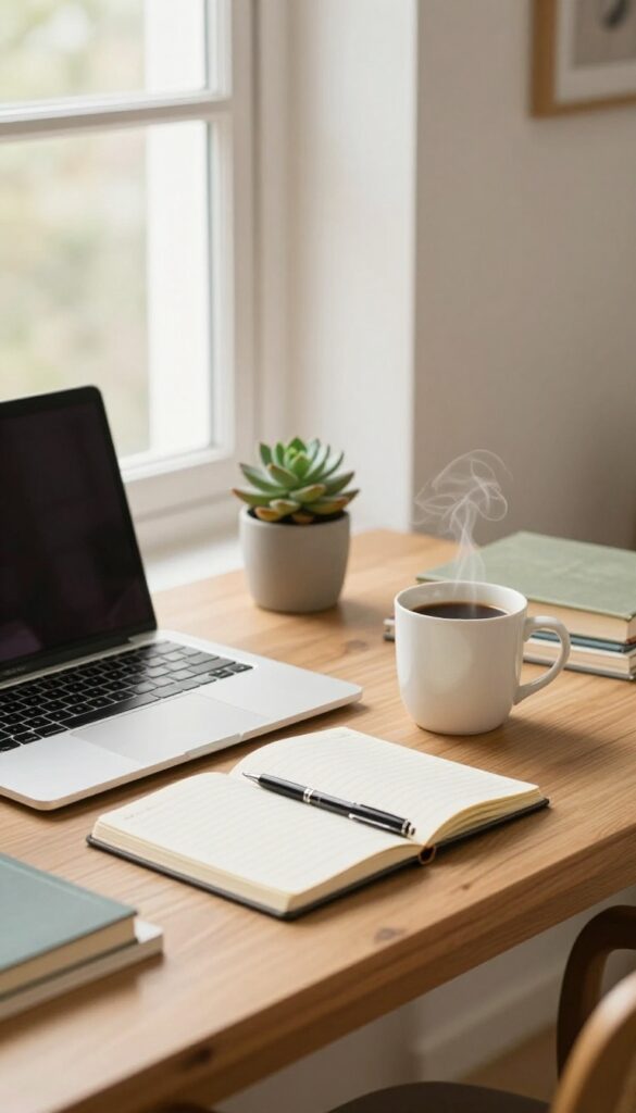 Cozy home office with laptop, coffee, and notebook for a niche blog or newsletter side hustle