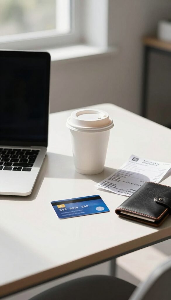 A separate business bank account setup on a desk with a laptop, coffee, and receipts.