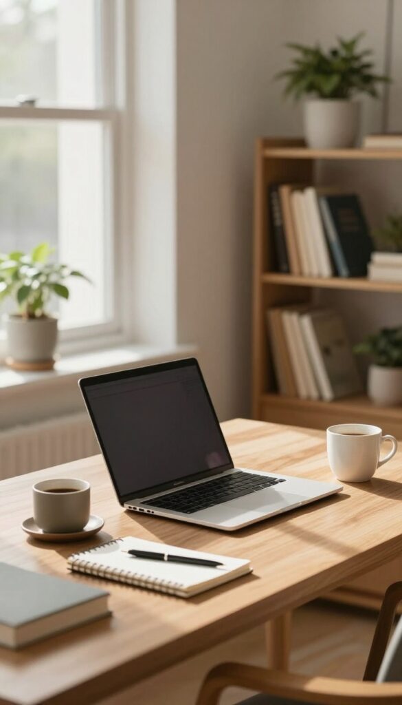 Cozy home office with laptop and coffee, natural light, minimalist decor