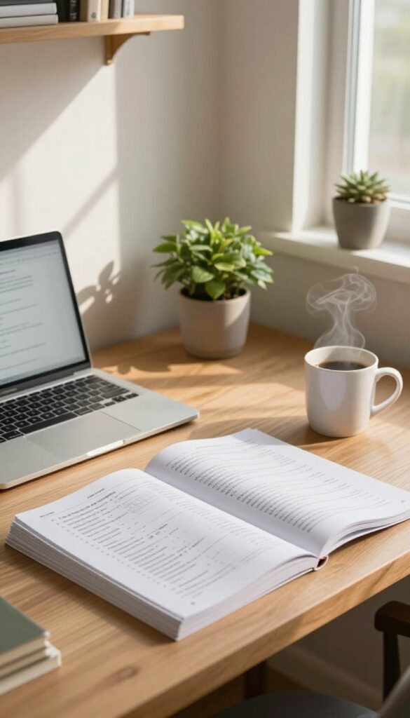 Cozy home office desk with test prep materials and laptop