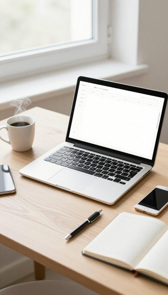 Flat lay of a desk with laptop showing digital planner, coffee, notebook, and phone.