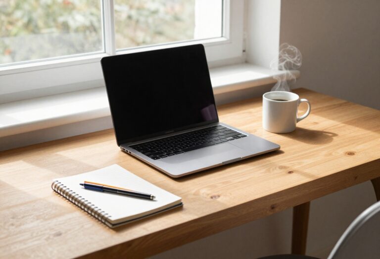 Creative home workspace with laptop and art supplies