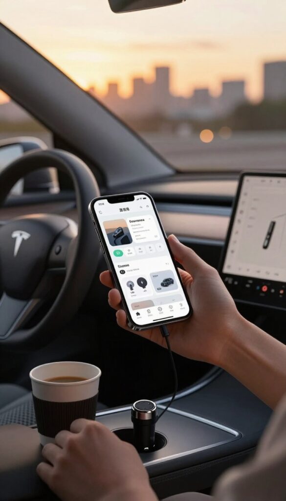 A person's hand holding a smartphone on a car dashboard with a rideshare app open, during sunset with city skyline outside.