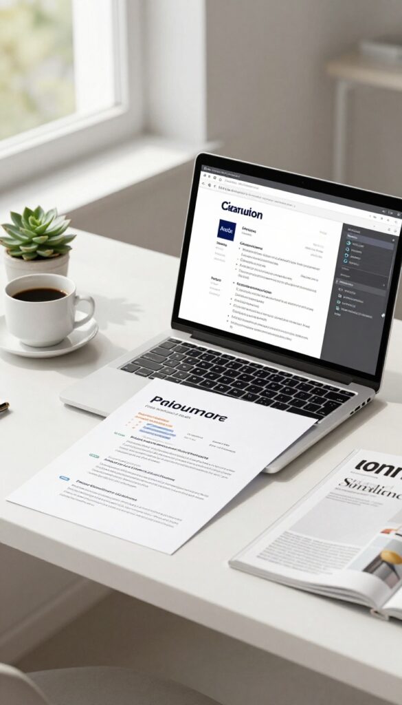 Modern home office desk with laptop showing resume design, printed resume, coffee cup, and succulent in natural light.
